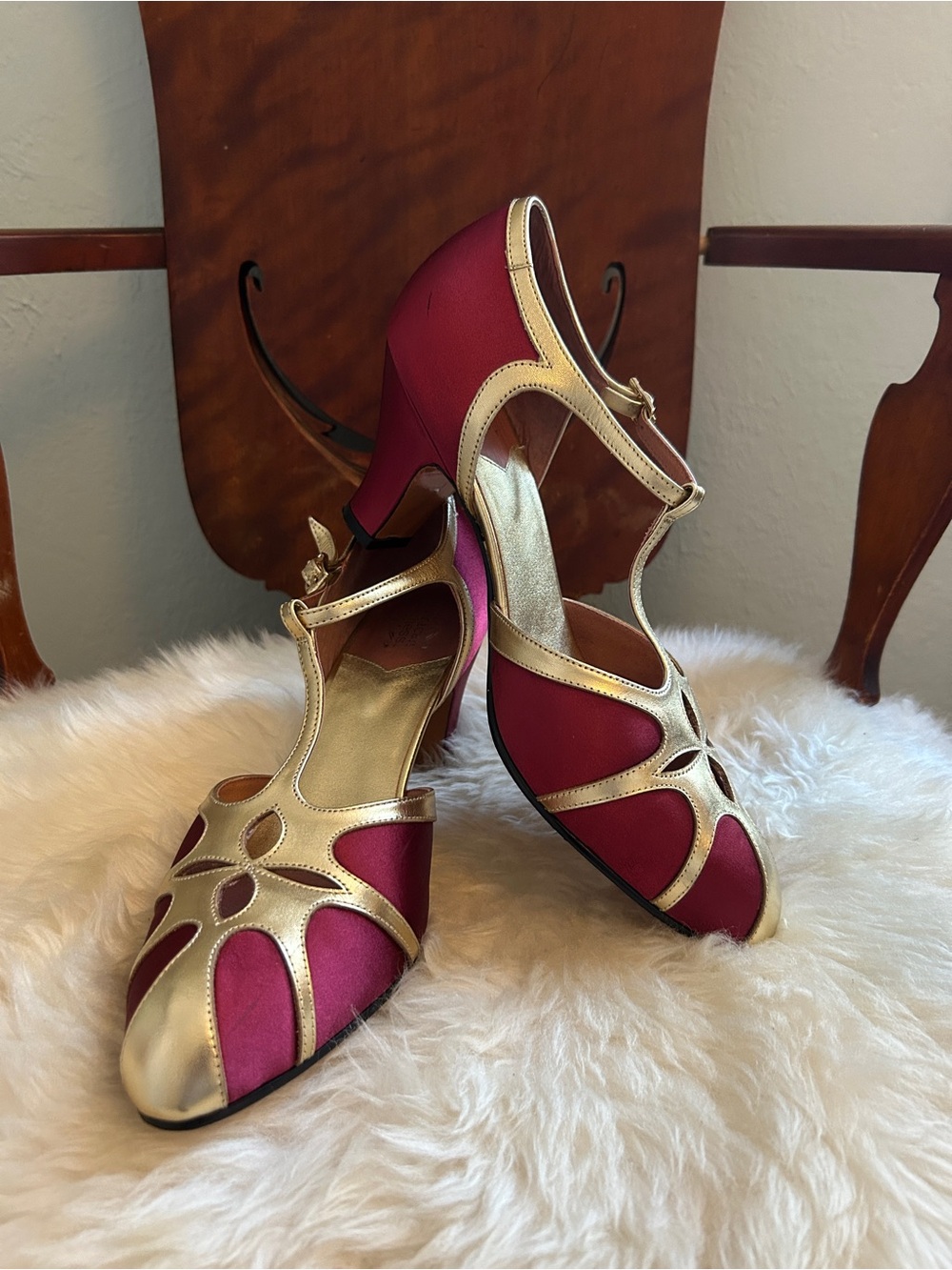 American Duchess Lilith Gold and Burgundy Cutout T-Strap Heels 9.5